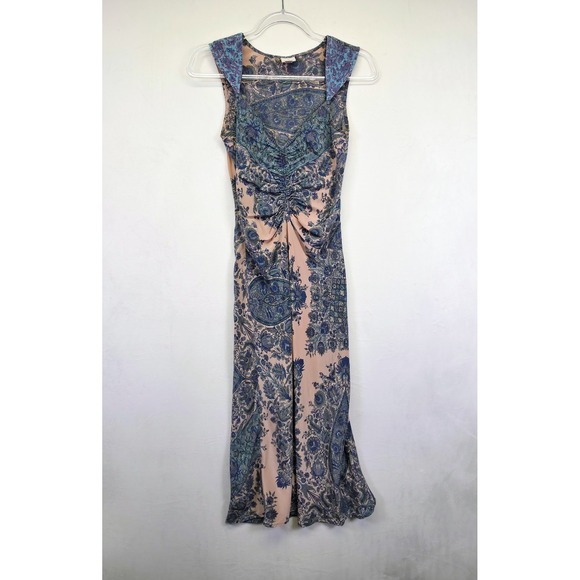 Plenty Dress Womens 4 Blue Pink Silk Chiffon Floral Paisley Ruched Timeless Midi - Picture 11 of 16